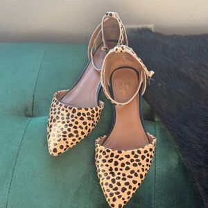 Leopard Print Pointed Ankle-Strap Flats in Tan and Black